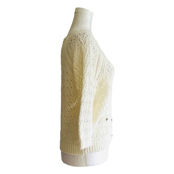 Lark Lane Cardigan Sweater Cream Cotton Crochet 3/4 Sleeve Cardigan Size Small - Picture 9 of 12